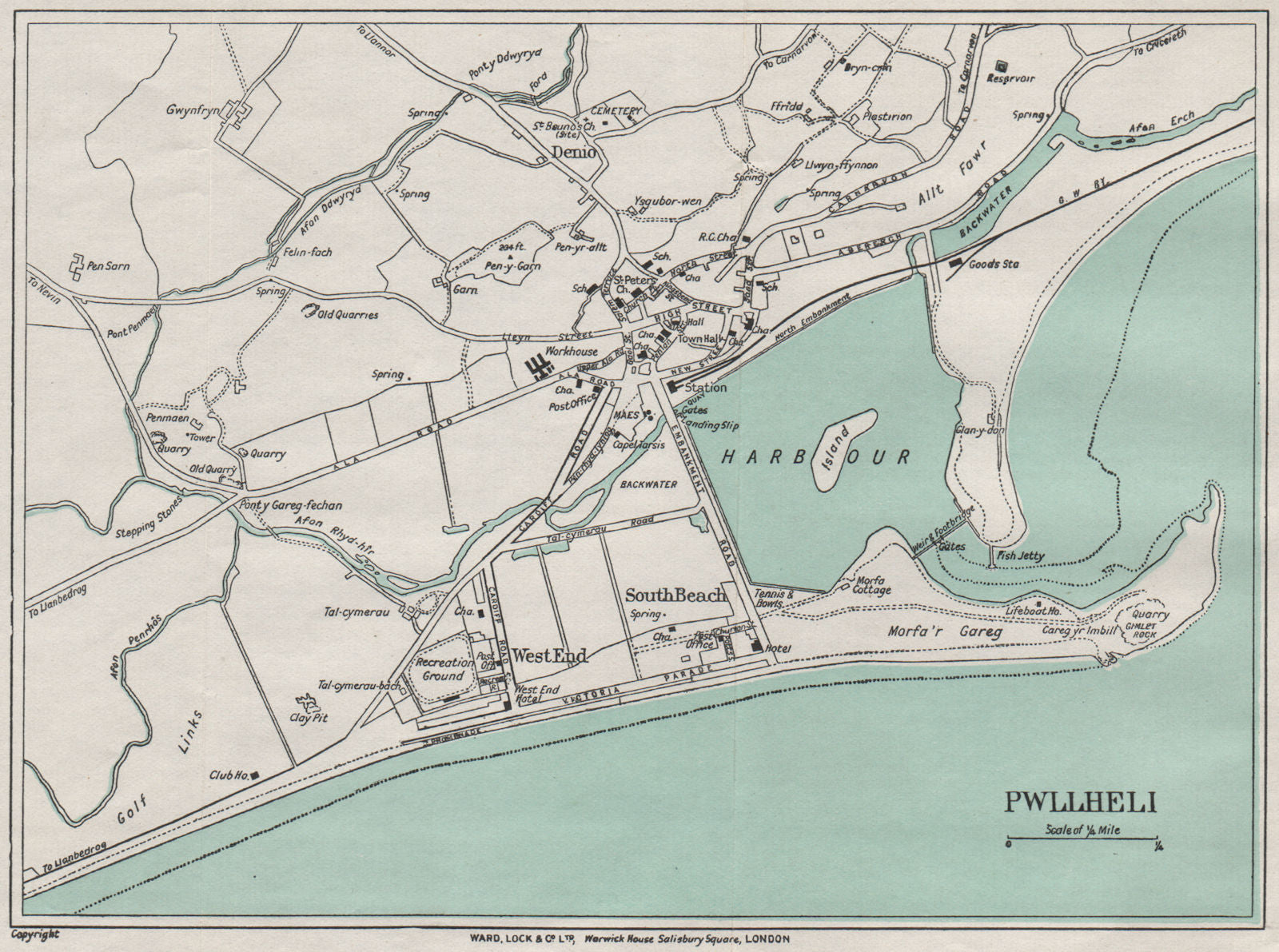PWLLHELI vintage town/city plan. Wales. WARD LOCK 1936 old vintage map chart